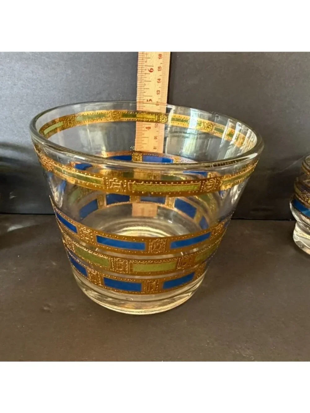 MCM Culver Empress 6-Piece Footed Whiskey & Ice Bucket Set 22kt Gold Blue Green